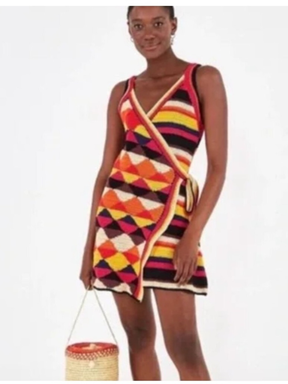 Farm Rio Dress Womens Large Crochet Mini Wrap Festival Resortwear Tropical Boho